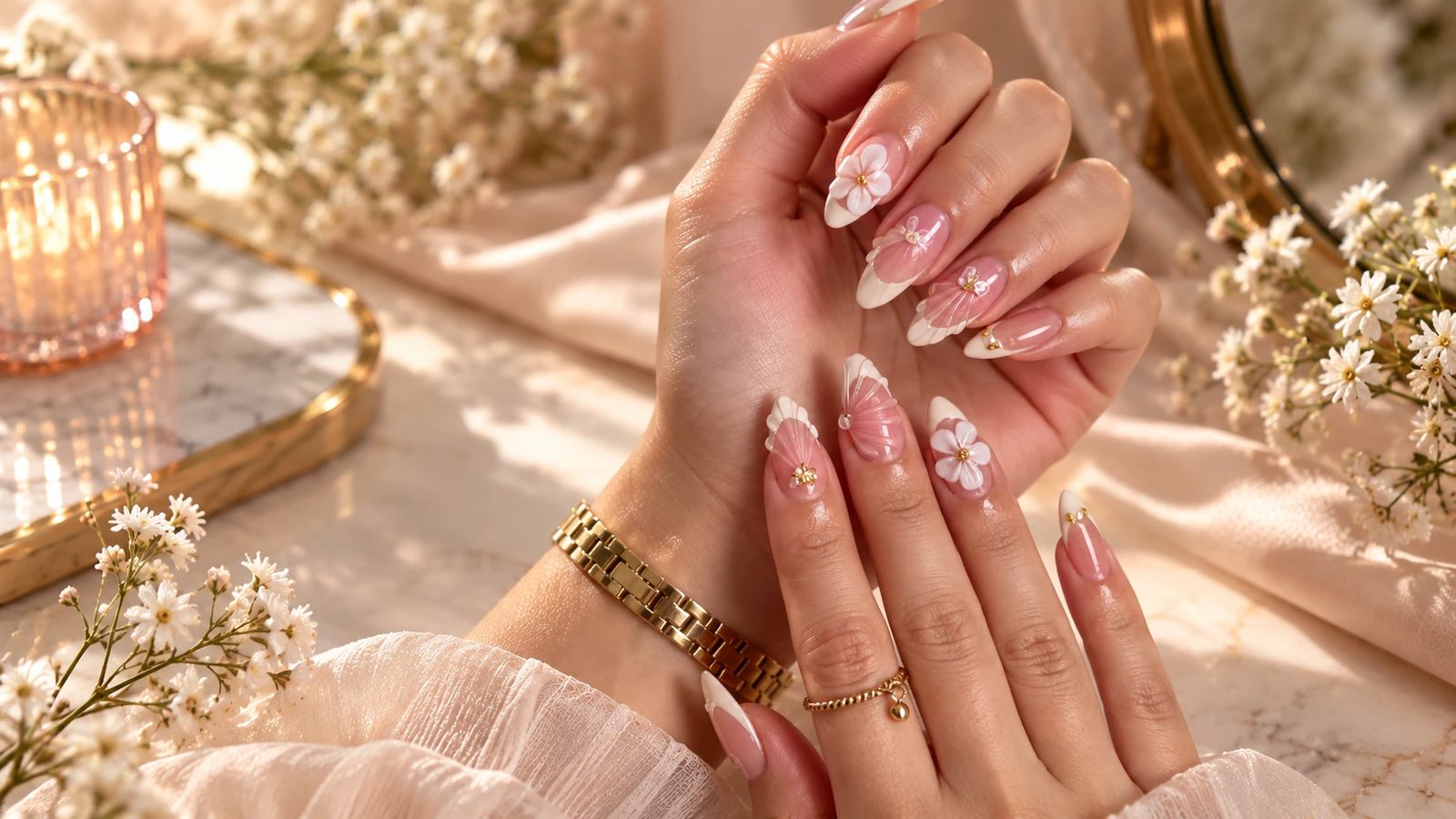 Elegant almond nails with delicate white 3D floral and butterfly art at Diva Nails Aiea